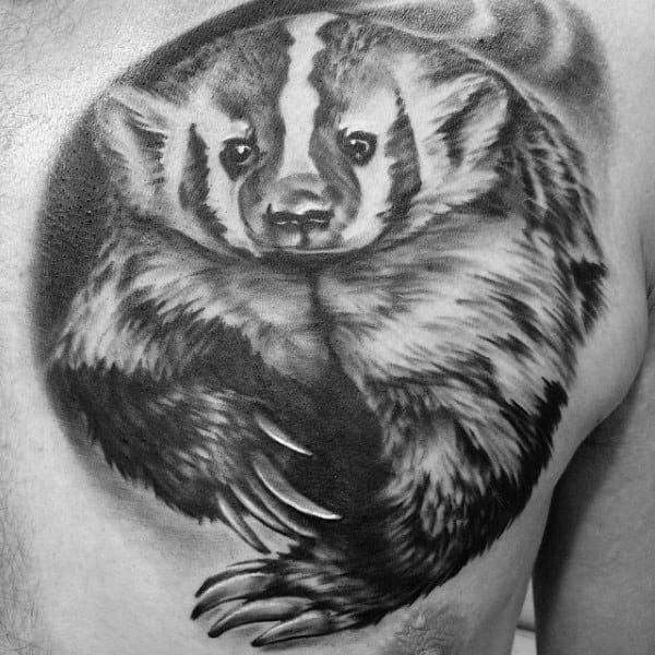 Shaded Black And Grey Honey Badger Mens Upp Chest Tattoos