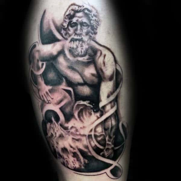 Shaded Black And Grey Ink Aquarius Male Arm Tattoos