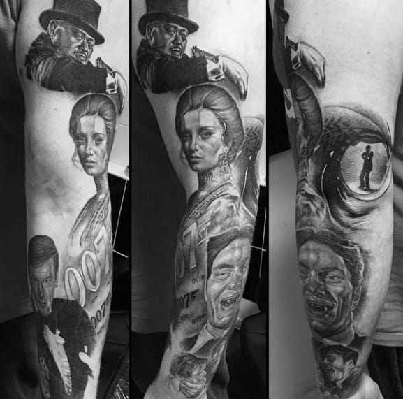 Shaded Black And Grey Ink Arm James Bond Mens Tattoo Ideas