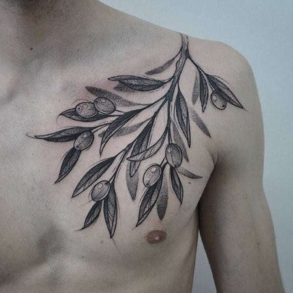 Shaded Black And Grey Ink Chest And Shoulder Guys Olive Tree Tattoo Deisgns