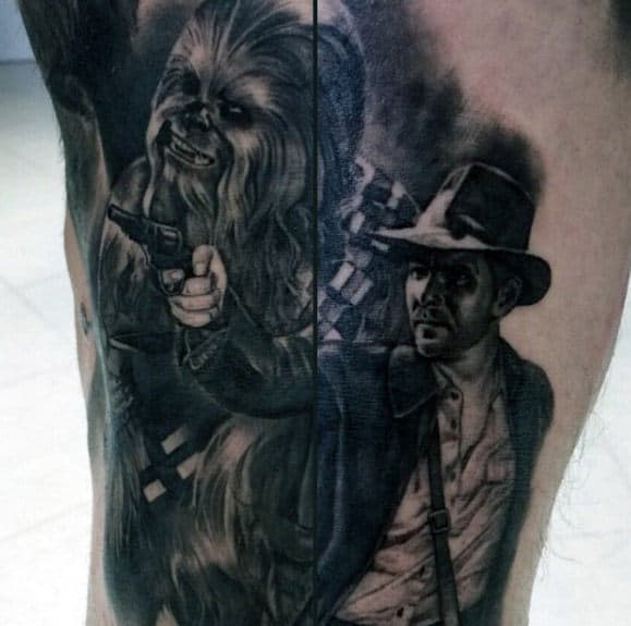 Shaded Black And Grey Ink Chewbacca Arm Tattoos For Men