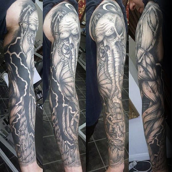 Shaded Black And Grey Ink Cthulhu Full Sleeve Male Tattoo