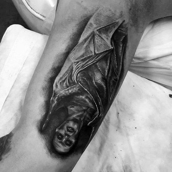Shaded Black And Grey Ink Dracula Bat Mens Inner Arm Bicep Tattoo
