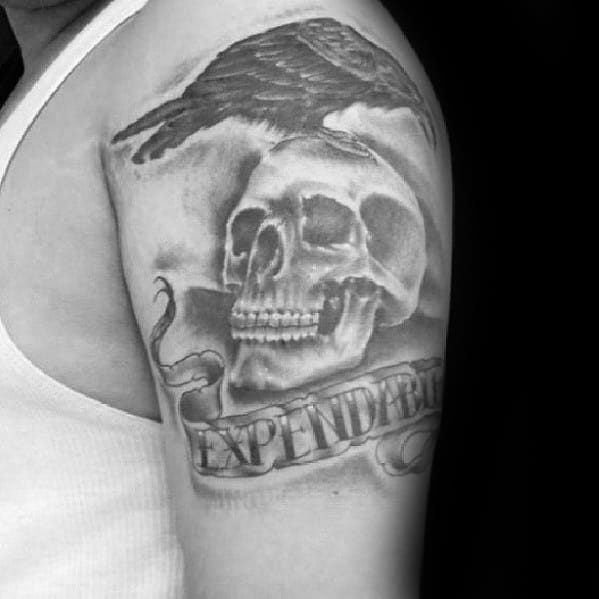 Shaded Black And Grey Ink Expendables Mens Arm Tattoo