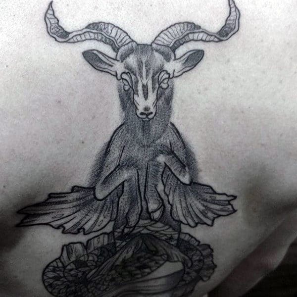 Shaded Black And Grey Ink Goat Mens Capricorn Back Tattoos