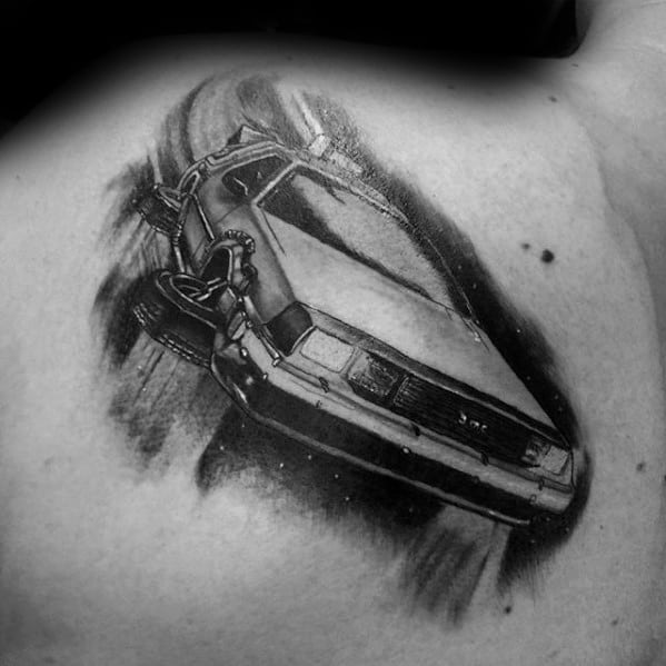 Shaded Black And Grey Ink Guys Back To The Future Delorean Upper Back Tattoos