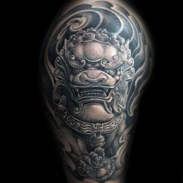 Shaded Black And Grey Ink Guys Half Sleeve Tattoo Design Of Foo Dog