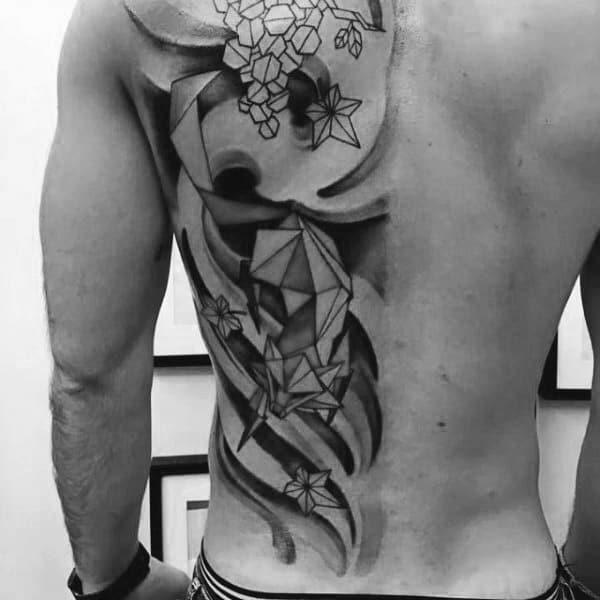 Shaded Black And Grey Ink Guys Origami Fox Back Tattoo