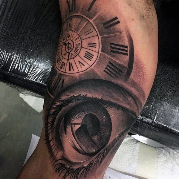 Shaded Black And Grey Ink Guys Realistic Roman Numeral Clock Tattoo
