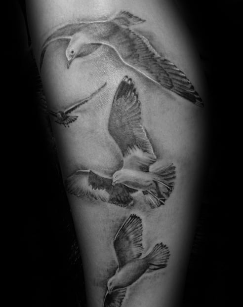 Shaded Black And Grey Ink Guys Seagull Arm Tattoo