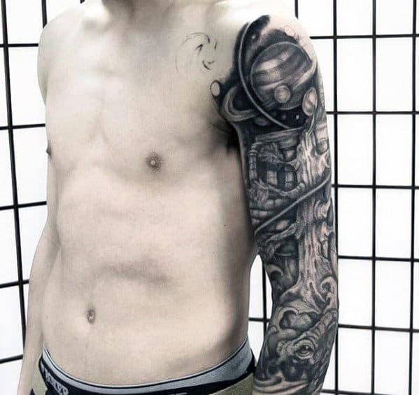 Shaded Black And Grey Ink Guys Sky Tattoo Cover Up Sleeve