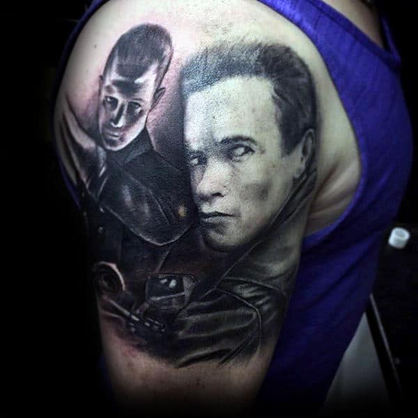 Shaded Black And Grey Ink Guys Upper Arm Terminator Tattoos