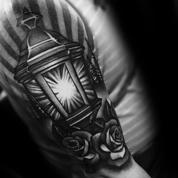 Shaded Black And Grey Ink Half Sleeve Male Lantern Tattoo Designs