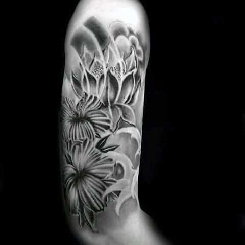 Shaded Black And Grey Ink Hibiscus Flowers Tattoo On Male