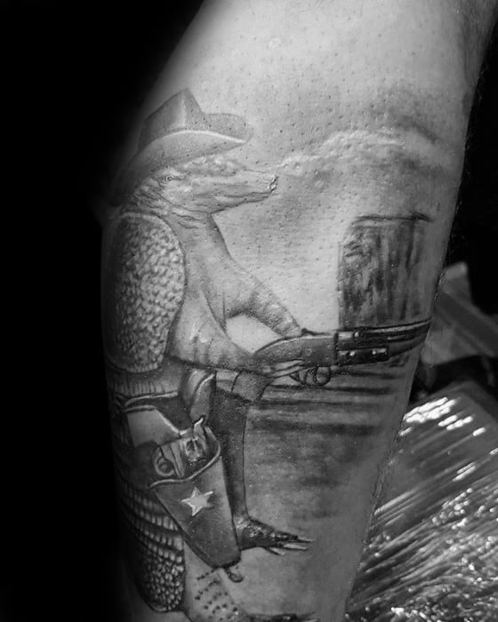 Shaded Black And Grey Ink Leg Armadillo Guys Tattoos
