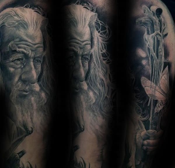 Shaded Black And Grey Ink Lord Of The Rings Gandalf Tattoos For Guys