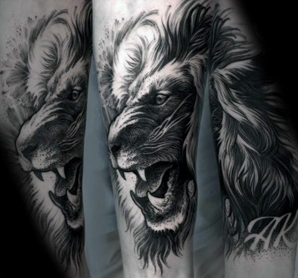 Shaded Black And Grey Ink Male Forearm Lion Tattoos