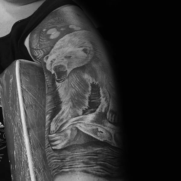 Shaded Black And Grey Ink Male Polar Bear Half Sleeve Tattoo