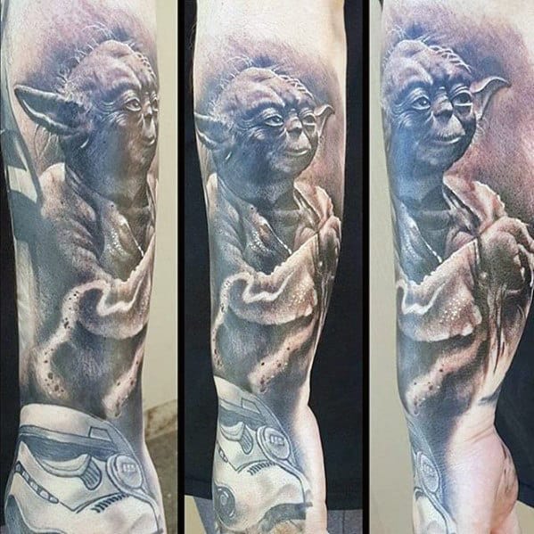 Shaded Black And Grey Ink Male Yoda Outer Forearm Tattoo