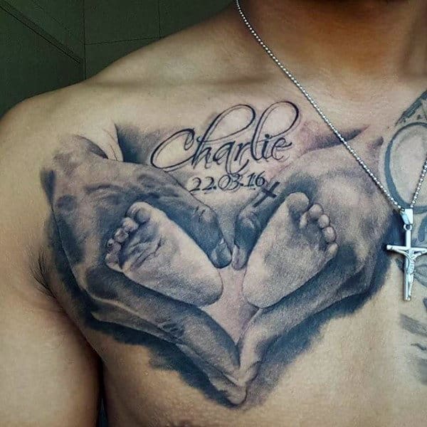 Shaded Black And Grey Ink Mens Footprint Chest Tattoos