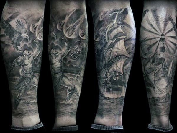 Shaded Black And Grey Ink Mens Kratos Leg Sleeve Tattoo Designs