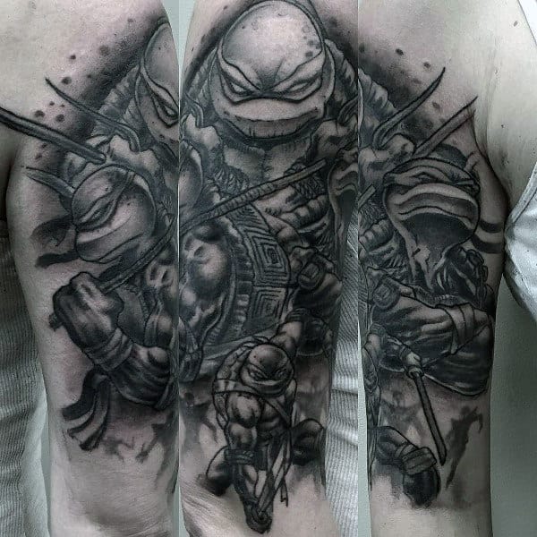 Shaded Black And Grey Ink Mens Teenage Mutant Ninja Turtles Tattoo On Arm