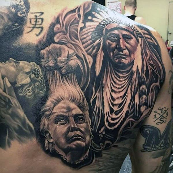 Shaded Black And Grey Ink Native American Guys Upper Back Tattoos