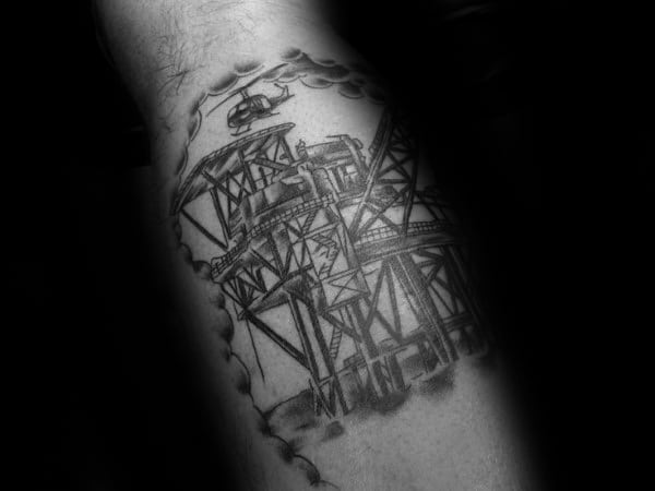 Shaded Black And Grey Ink Oilfield Leg Calf Tattoos For Males