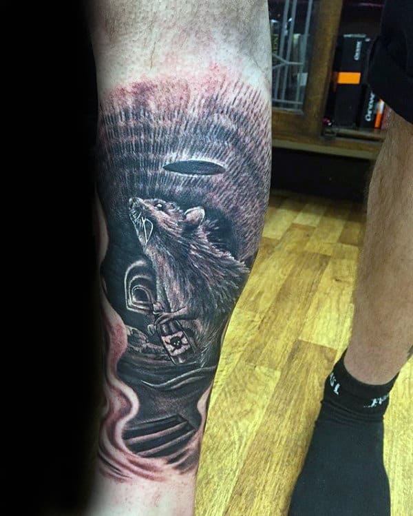 Shaded Black And Grey Ink Rat Leg Sleeve Tattoos For Males
