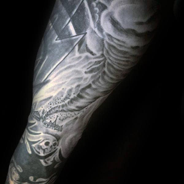 Shaded Black And Grey Ink Tornado Tattoo Sleeve On Gentleman
