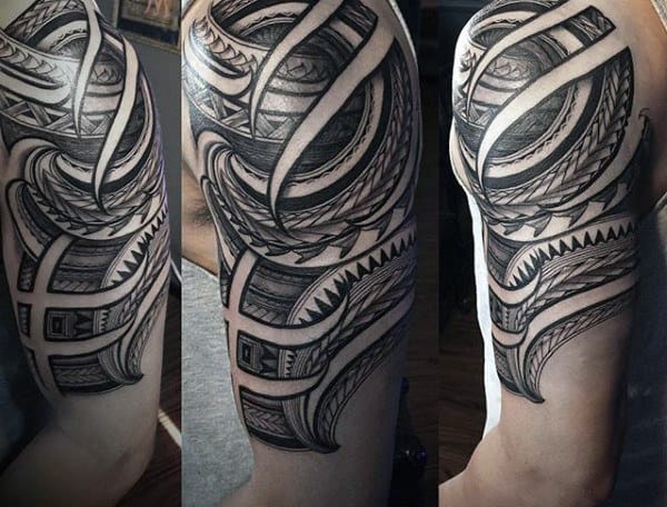 Shaded Black And Grey Ink Tribal Half Sleeve Tattoo Designs For Men