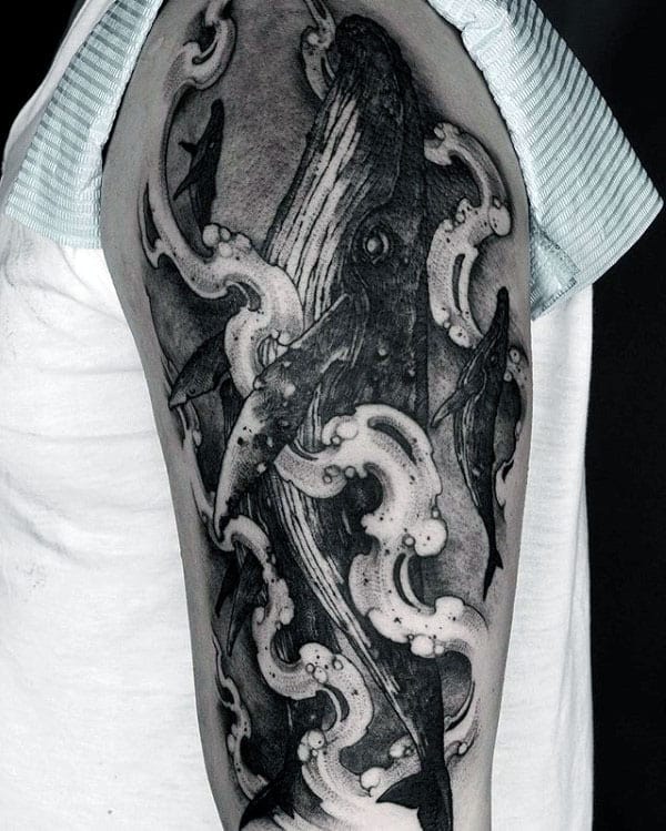 Shaded Black And Grey Ink Whale In Water Mens Half Sleeve Tattoos