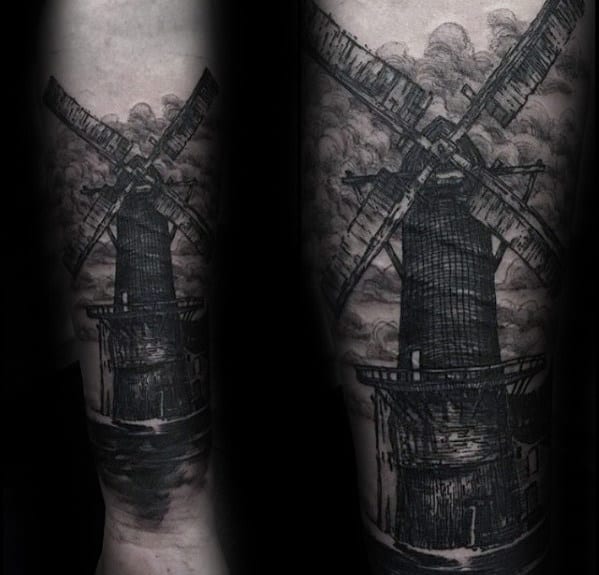 Shaded Black And Grey Ink Windmill Mens Inner Forearm Tattoo Ideas