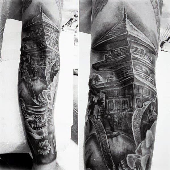 Shaded Black And Grey Japanese Male Full Leg Sleeve Tattoo