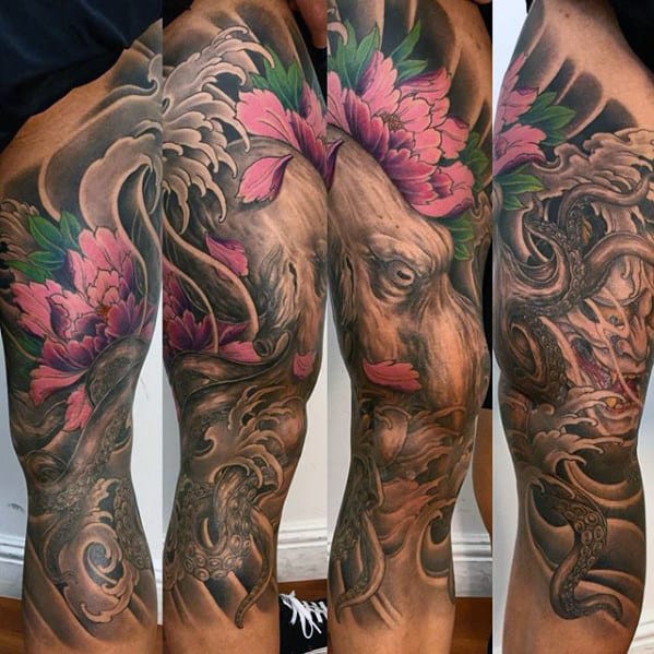 Shaded Black And Grey Japanese Octopus With Pink Flowers Mens Leg Sleeve Tattoo