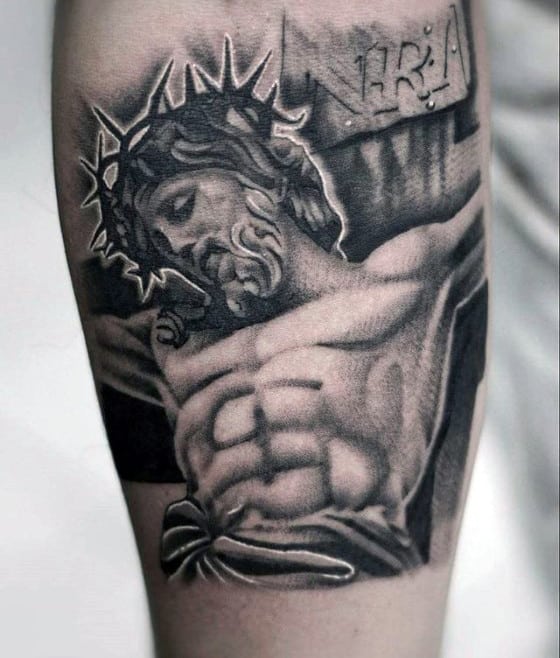 Shaded Black And Grey Jesus Cross Guys Tattoo On Forearm
