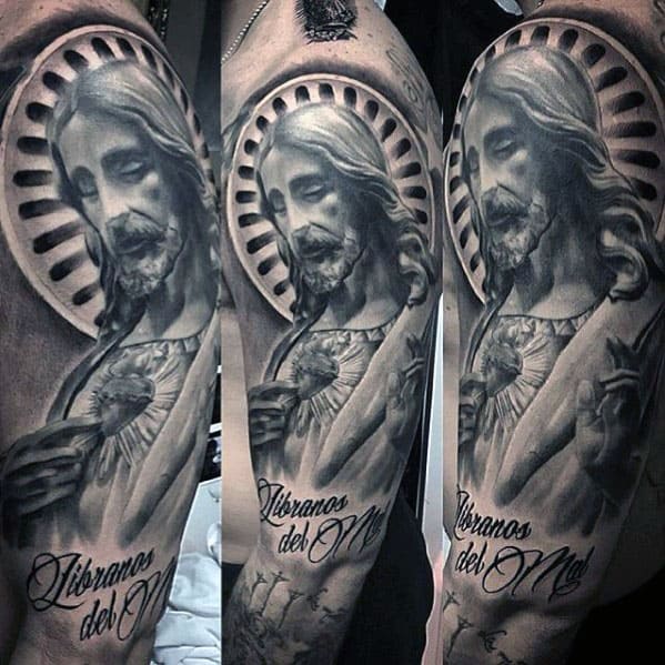 Shaded Black And Grey Jesus Sleeve Tattoo Ideas For Men