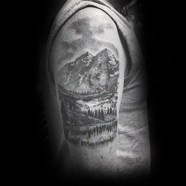 Shaded Black And Grey Landscape Upper Arm Tattoo On Gentleman