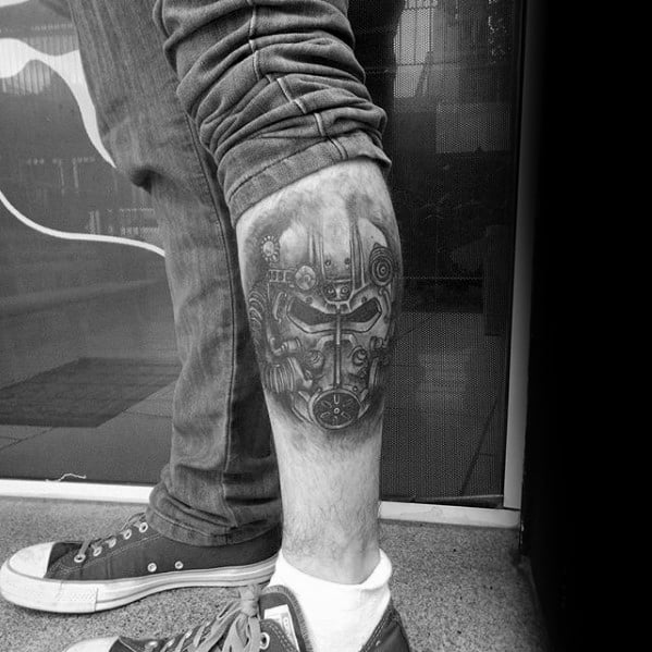 Shaded Black And Grey Leg Fallout Male Tattoo Ideas