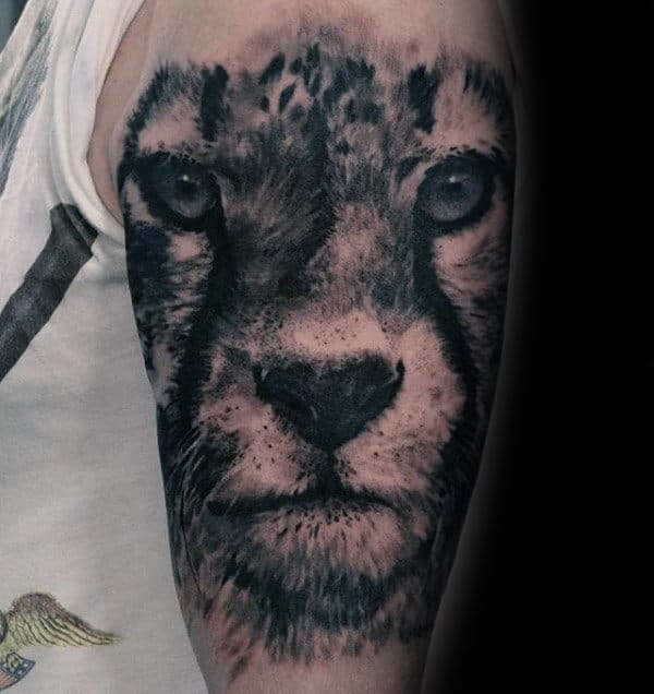 Shaded Black And Grey Leopard Head Mens Half Sleeve Tattoos