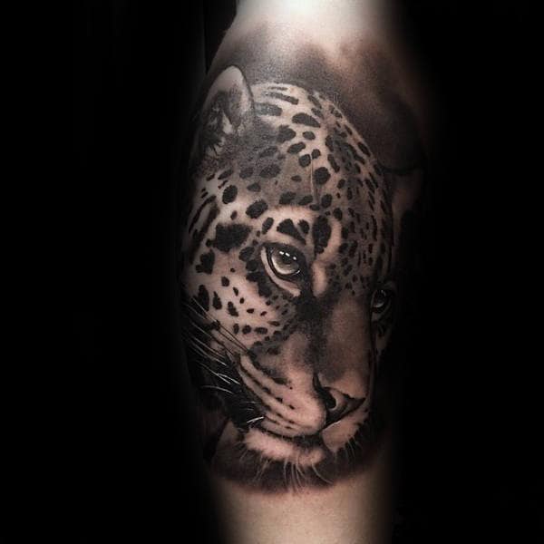 Shaded Black And Grey Leopard Male Tattoo On Forearm