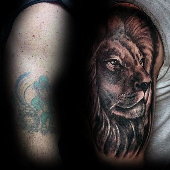 Shaded Black And Grey Lion Mens Arm Tattoo Cover Up Ideas