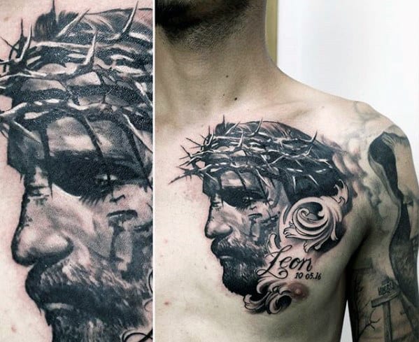 Shaded Black And Grey Male 3d Jesus Chest Tattoo Ideas