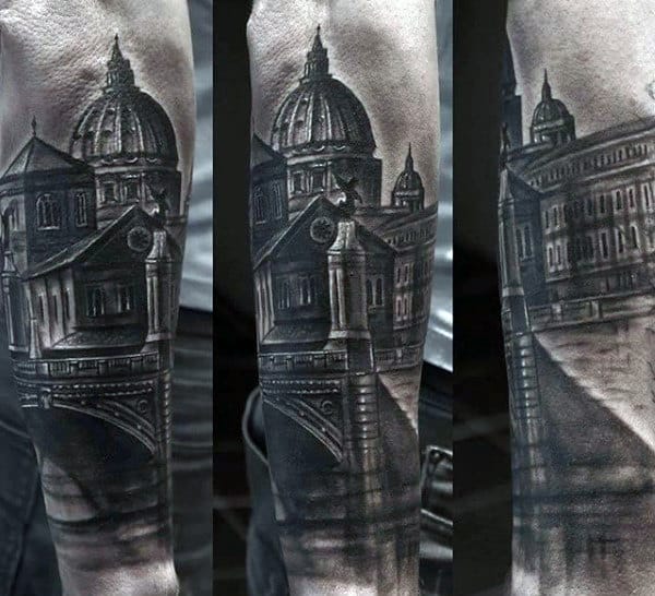 Shaded Black And Grey Male Bridge Forearm Sleeve Tattoo Design Ideas