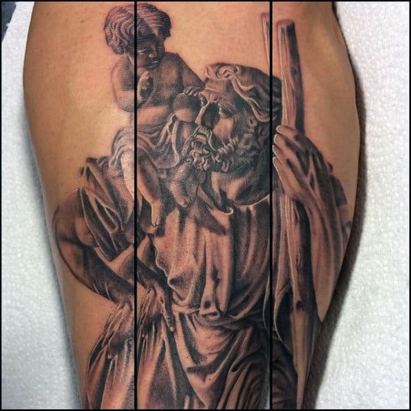 Shaded Black And Grey Male Saint Christopher Leg Calf Tattoo Ideas