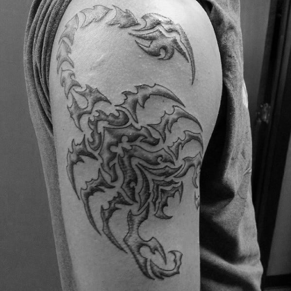 Shaded Black And Grey Male Scorpion Tribal Arm Tattoo Ideas
