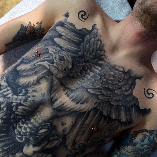 Shaded Black And Grey Manly Guys Vulture Full Chest Tattoo Ideas