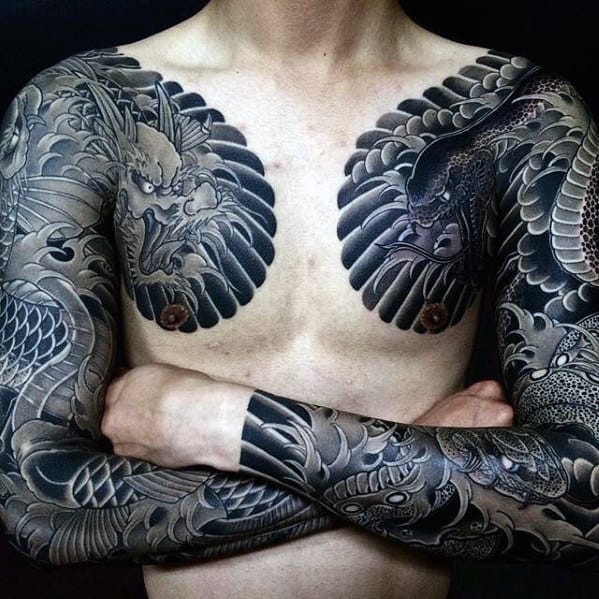 Shaded Black And Grey Manly Japanese Dragon Mens Chest Tattoo