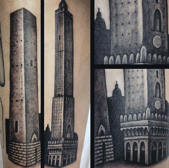 Shaded Black And Grey Mens Building Forearm Tattoos