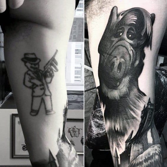 Shaded Black And Grey Mens Cover Up Inner Arm Tattoos